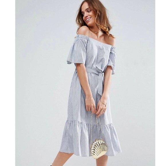 ASOS Dresses & Skirts - 🛑SOLD ASOS Off the Shoulder Cotton MIDI Dress in Blue Stripe Size 6